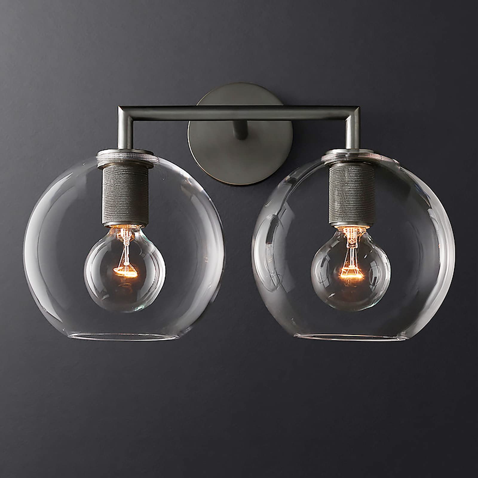 HYJAUSXB Retro Industrial Wall Sconce with Glass Globe Shade Vintage E27 Lamp for Bedroom Bathroom Veranda (Black 2 Lights) - Stylish Home Decor Lighting