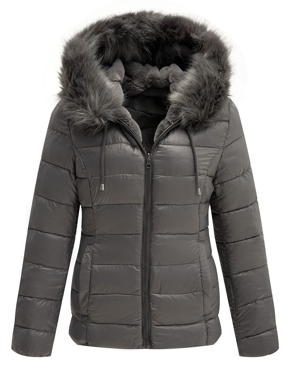 Giolshon Giubbotto Donna Reversibile in Eco Pile, Piumino Corto Invernale con Cappuccio e Collo in Pelliccia