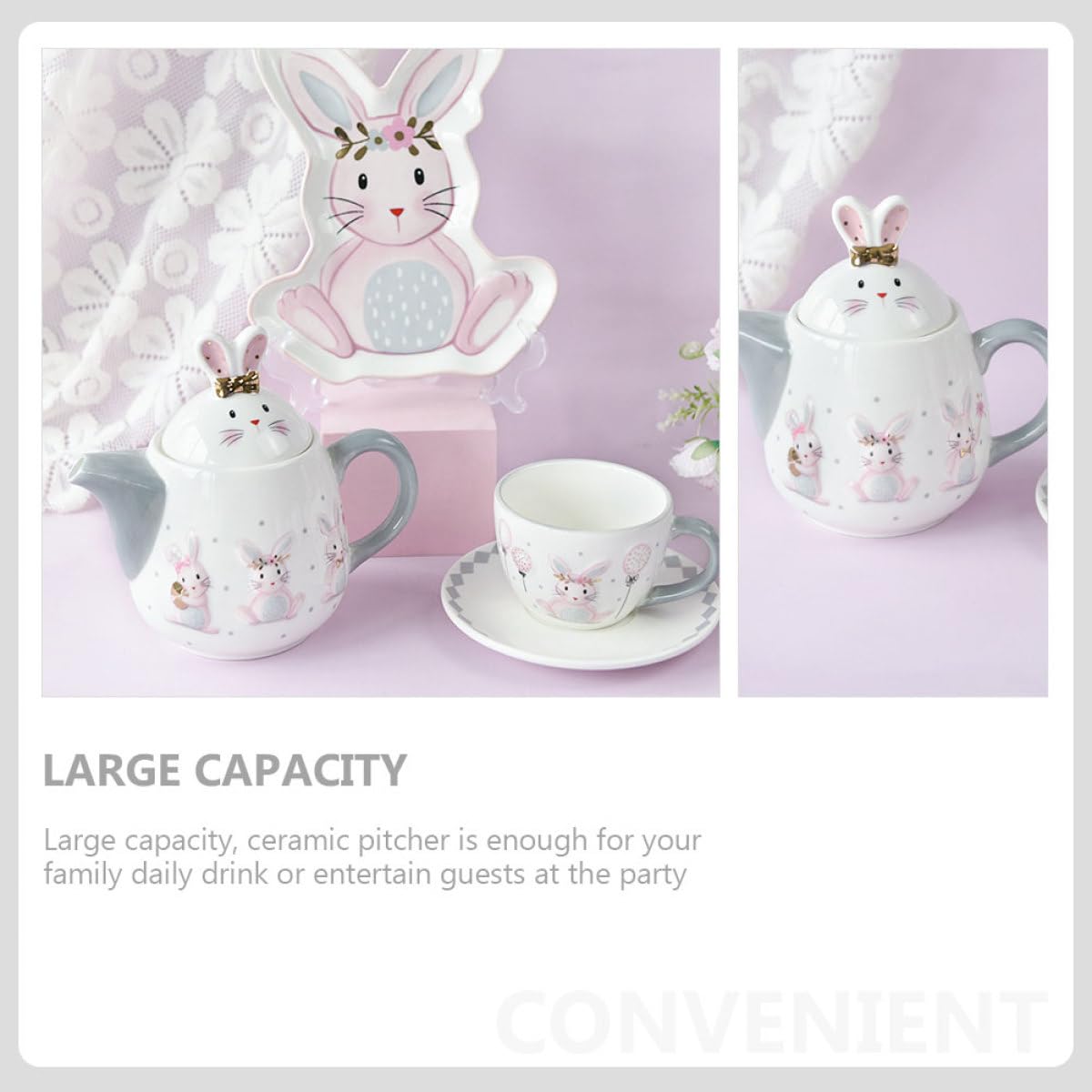 VICASKY Théière en Céramique 1 Pièce Lapin de Pâques sans Trou de Filtre, Pichet Décoratif Blanc Relief, Bouilloire Légère pour Thé et Boissons, Ustensile la Cuisine Design et Usage