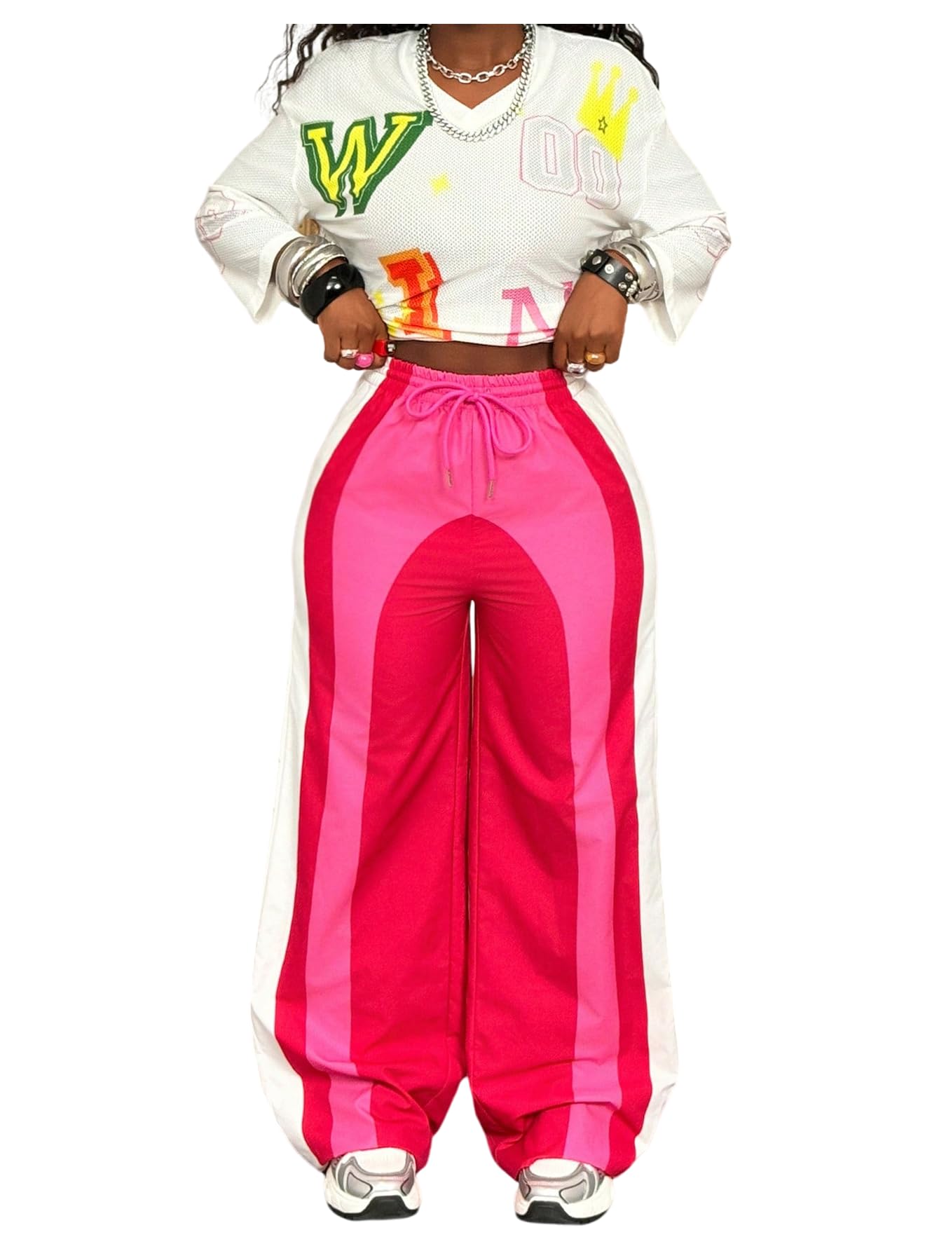 GORGLITTER Womens Colorful Oversized Baggy Pants Y2K Drawstring Waist Wide Leg Striped Streetwear Trousers Pink and White Large