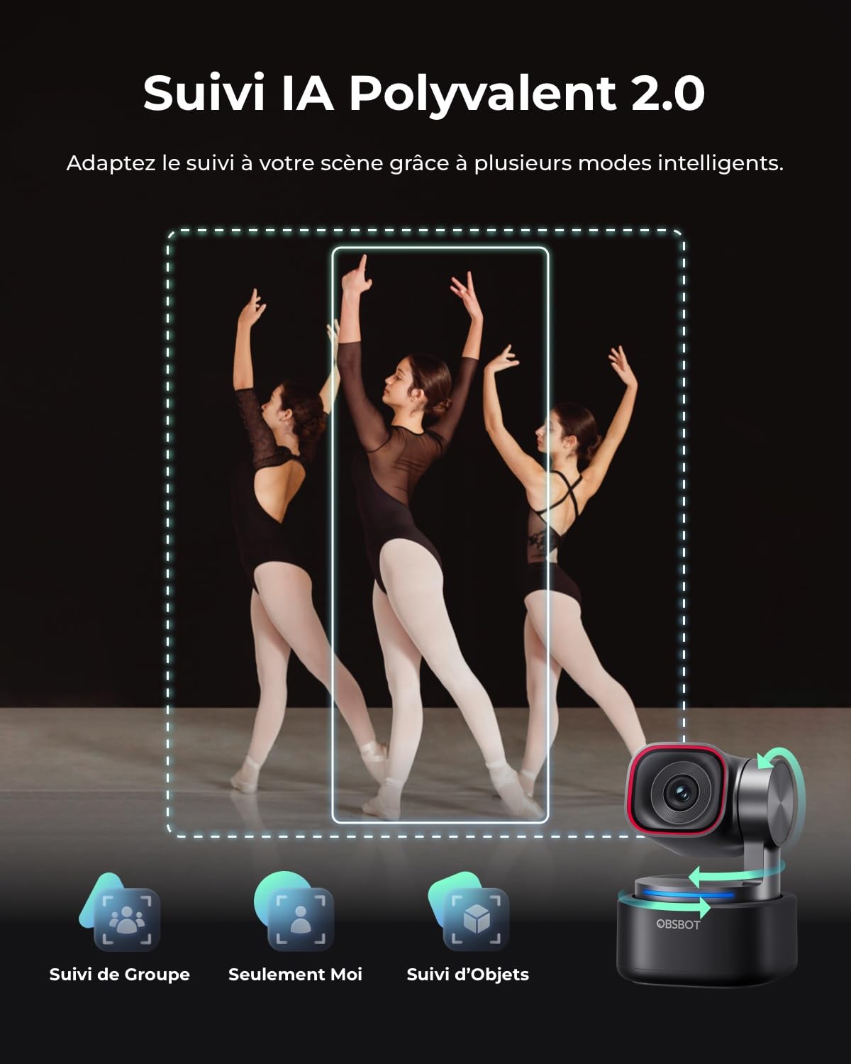 OBSBOT Tiny 3 AI-Powered Spatial Audio 4K Webcam, AI Tracking PTZ Caméra | Capteur 1/1,28", Triple Micro, Commande Vocale Et Gestuelle, 120FPS, HDR, Webcam Pour PC, Laptop, Streaming, Réunion, Switch2