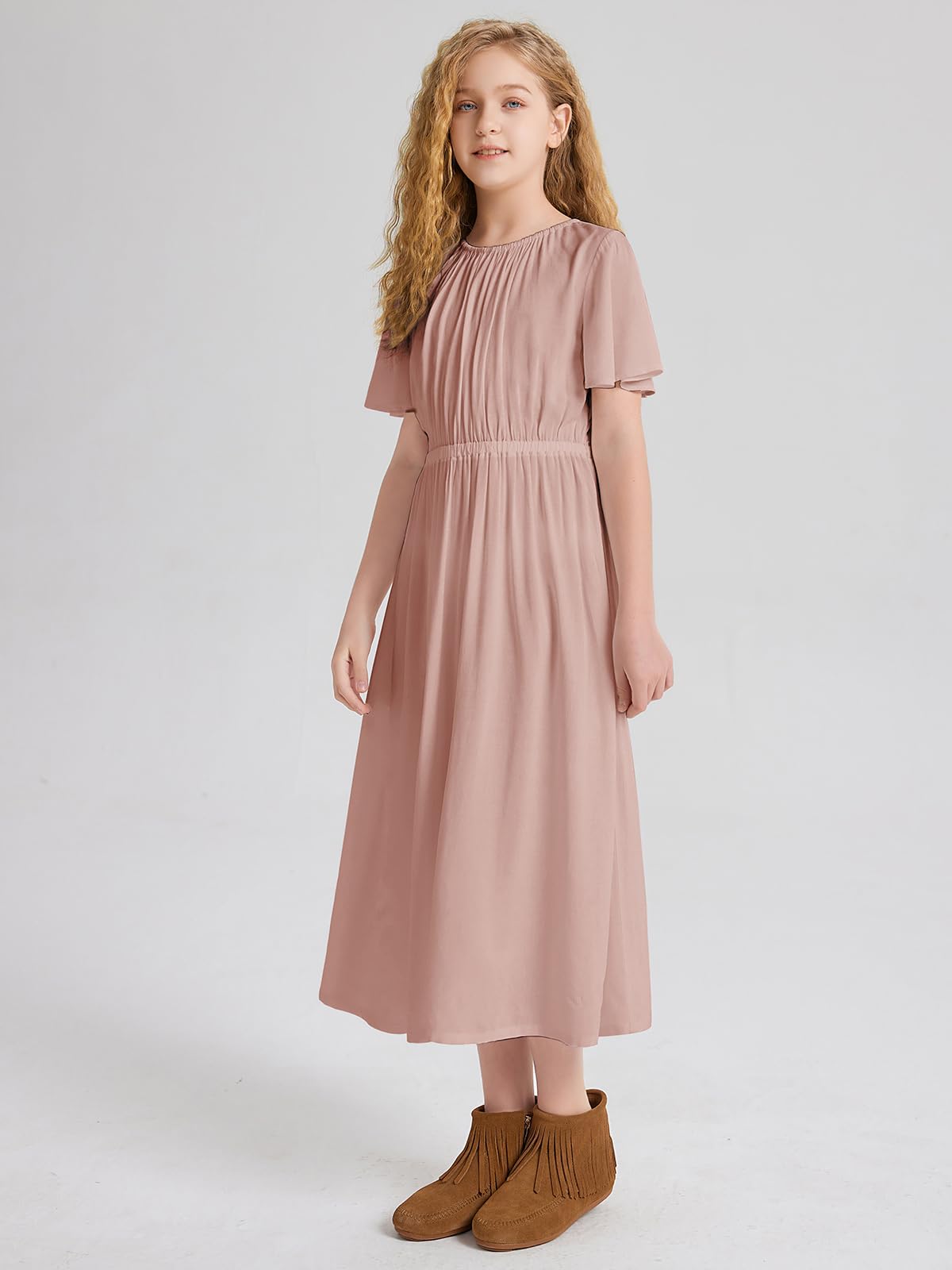 LaBeca Vestido casual con mangas de mariposa, cuello redondo, estampado floral, color liso, cintura alta, cinturón y bolsillo