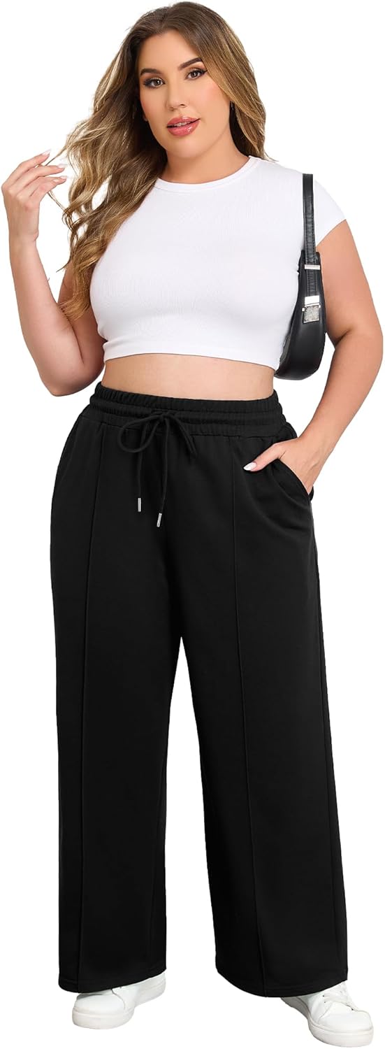 COOTRY Womens Plus Size Wide Leg Sweatpants High Waisted Drawstring Baggy Pants Athletic Yoga Sweat Pants - Image 6