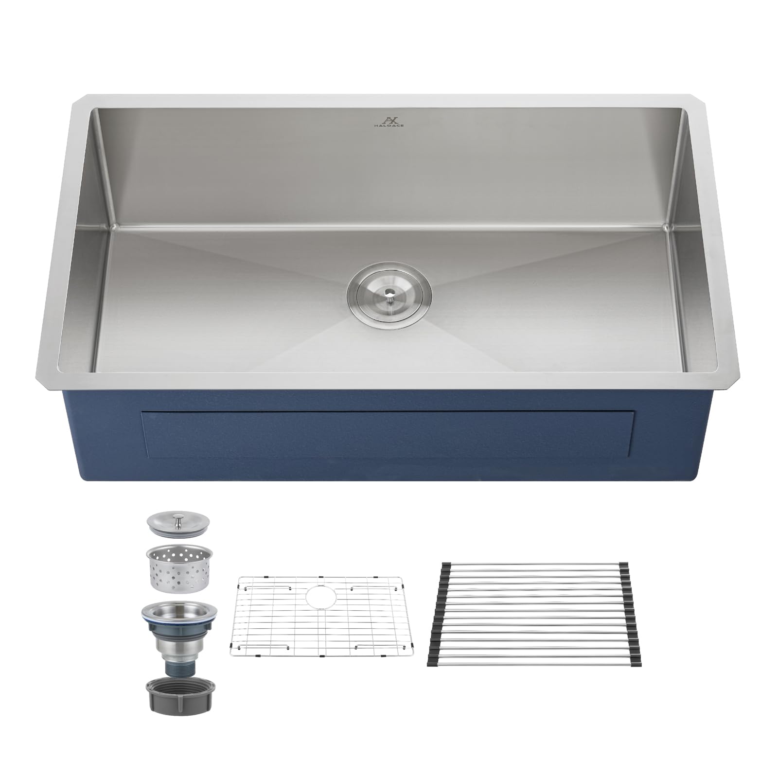 HALOACE 33 Inch Undermount Kitchen Sink Single Bowl,304 Stainless Steel Kitchen Sink, Include Dish-DryingRoll-up Rack Accessories, (Brushed Nickel, 33x19x10 Inch)