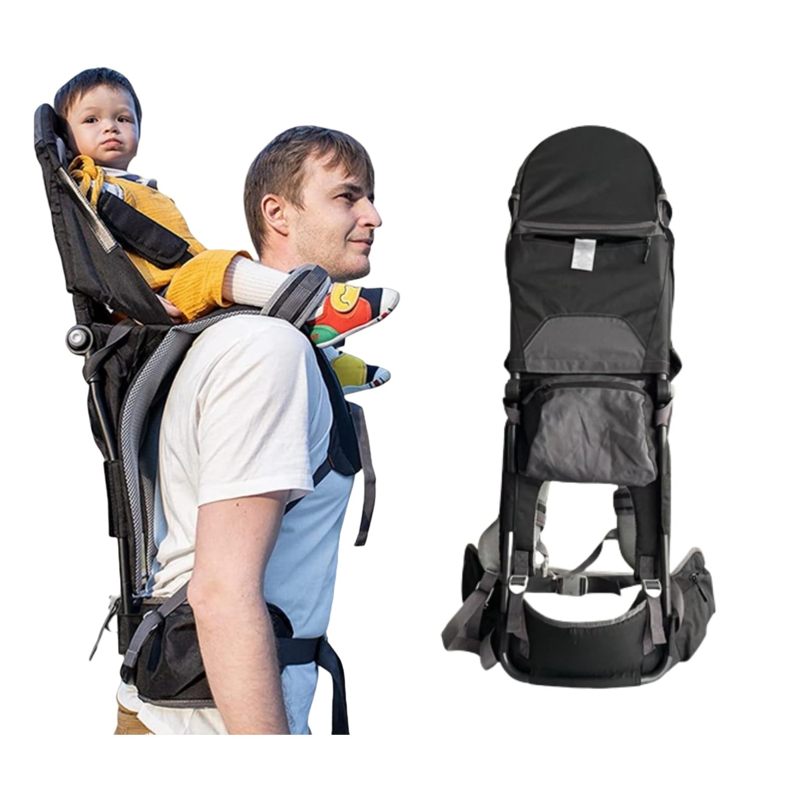 Babytrage zum Wandern – Ergonomischer Rucksack mit verstellbaren Trägern, leicht und faltbar, integrierter Sonnen- und Regenschutz, freihändige Kleinkindtrage – Schwarz
