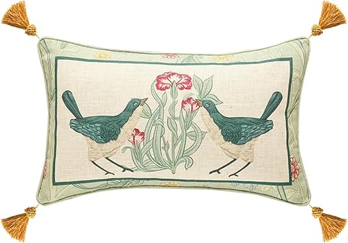 Miniatura 10 de Juego de 2 fundas de almohada de diseño floral vintage para sofá, fundas de almohada de lino marrón con patrón de pájaros y rosas, cojín cuadrado