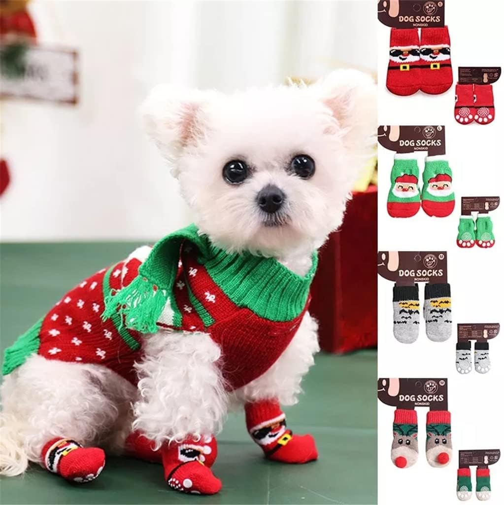 Pet Shoes 4Pcs Warm Puppy Dog Shoes Soft Pet Knits Socks Cute Cartoon Anti Slip Skid Socks for Small Dogs Breathable Pet Products (Green S code)
