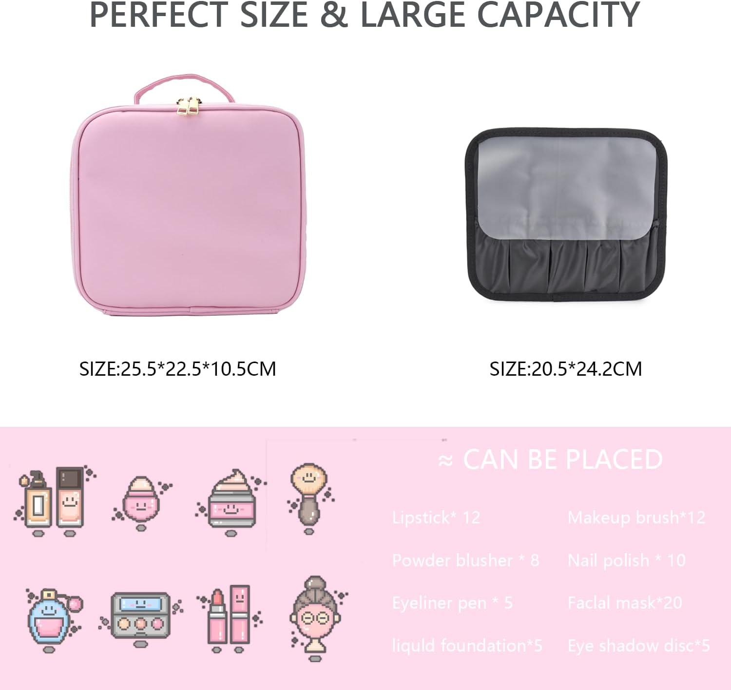 Makeup Bag with Led Mirror,with 3 Color Setting & 10x Magnifying Mirror, Portable Storage and Adjustable Dividers Travel Makeup Bag,for Women and Makeup Artists Large Makeup Cases-Light Pink