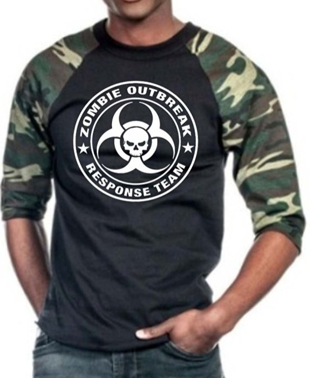 Interstate Apparel Inc Zombie Outbreak Response Team Baseball T-Shirt Camo-Black Men's S-3XL