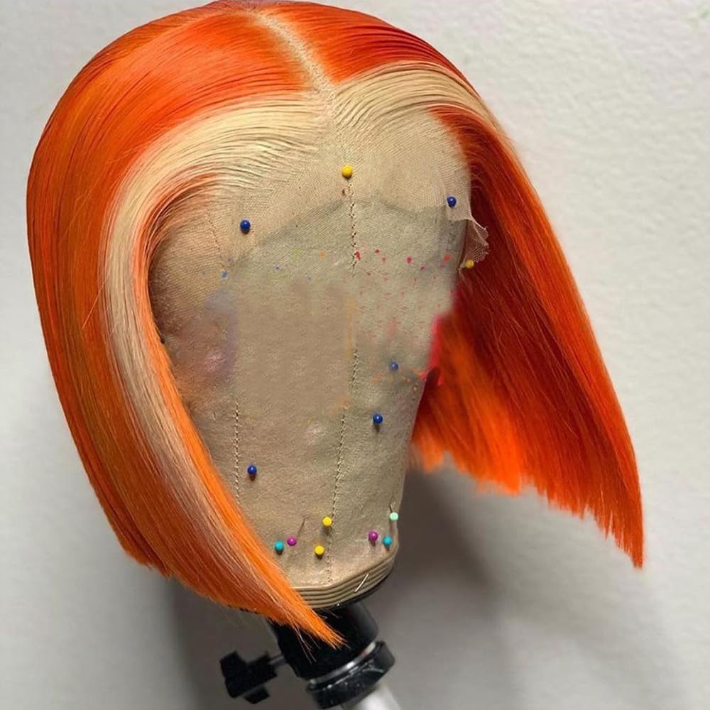 Rebecca Fashion Ginger Orange and Blonde Bob Wig Human Hair Skunk Stripe T Part HD Straight Lace Front Wigs Human Hair 13x4.5X0.5 HD Transparent Lace Wig Brazilian Virgin Wigs for Black Women 12 Inch