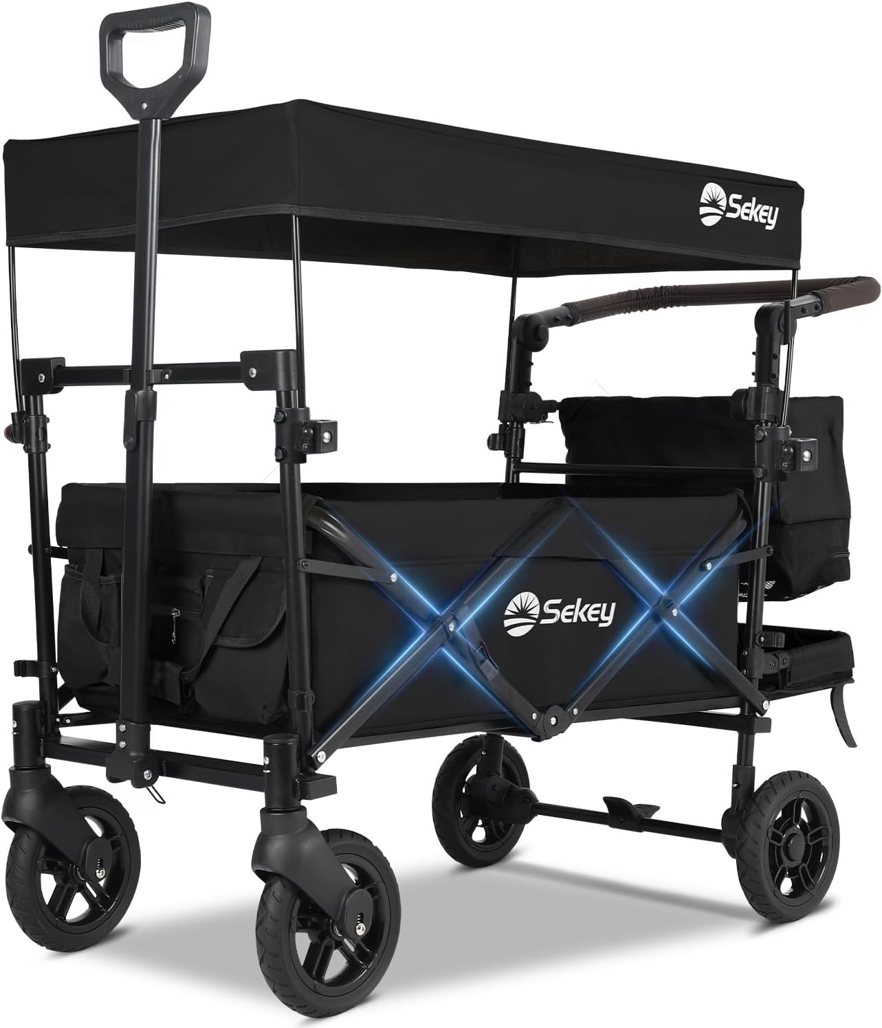 Sekey Kids Folding Handcart Wagon with Removable Canopy, Versatile Foldable Transport Trolley for Family Outings Including Shockproof PU Wheels, 220LBS(100KG) Weight Capacity, Push Handle, Black