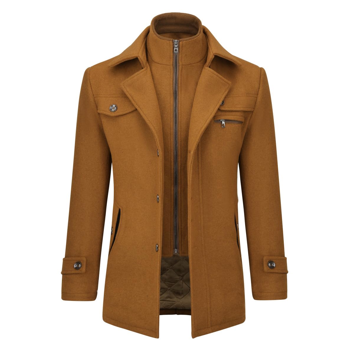 allthemen Winter Coat Short Coat Men's Black Wool Coat Stand-Up Collar Men's Winter Coat Warm Short Slim Fit Winter Jacket Business Khaki (Quilted Inner Lining M-picture-38