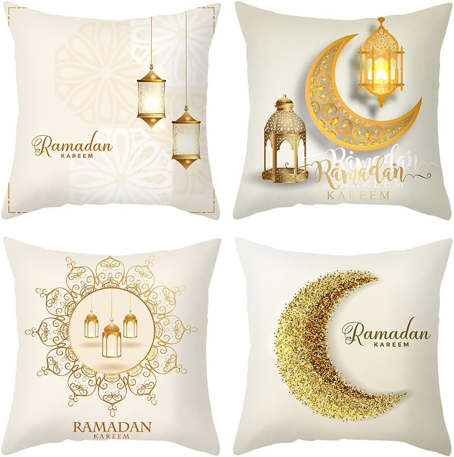 Ramadan Throw Pillow Covers Set of 4, Gold Moon Eid Light Square Pillow Cases Linen Zipper Cushion Cover Modern Sofa Bed Decoration for Couch Sofa Bedroom Car Home Decor Pillowcase(18x18 inches), 02