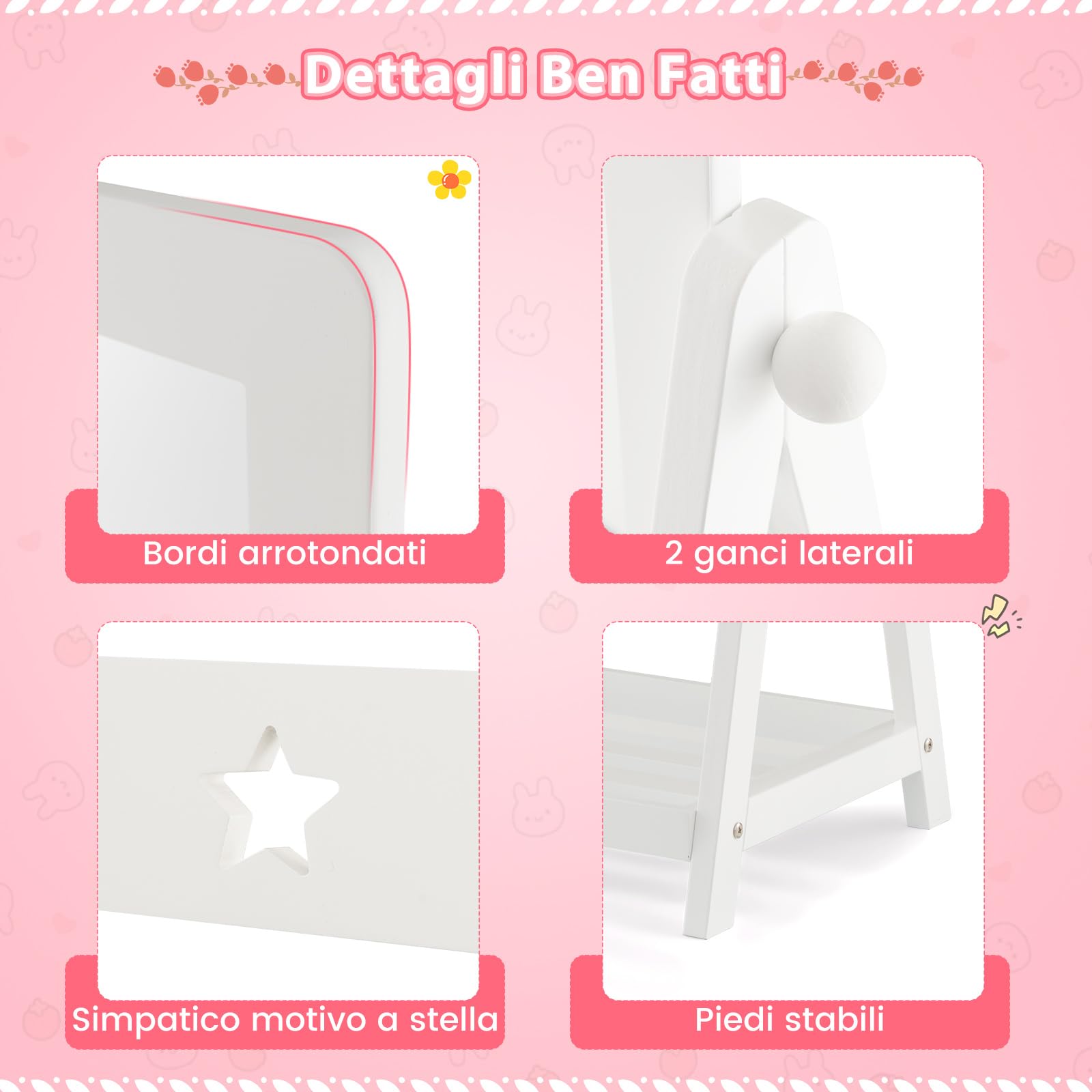 COSTWAY Specchio da Terra per Bambini in Legno con Scaffale Contenitore, Specchio per Cameretta Girevole con Cesto Ripiegabile, 45 x 40 x 112 cm, Bianco