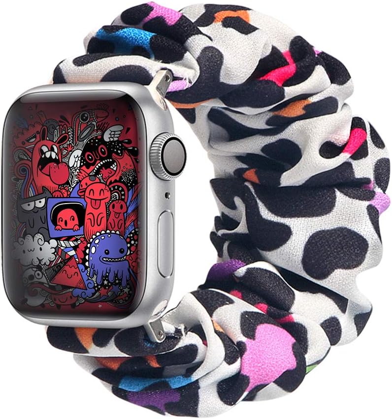 ALNBO Compatible with Apple Watch Band 38mm 40mm 42mm 44mm Soft Floral Fabric Elastic Scrunchies iWatch Bands for Apple Watch Series 6,SE,5,4,3,2,1 38mm/40mm Colorful Leopard S