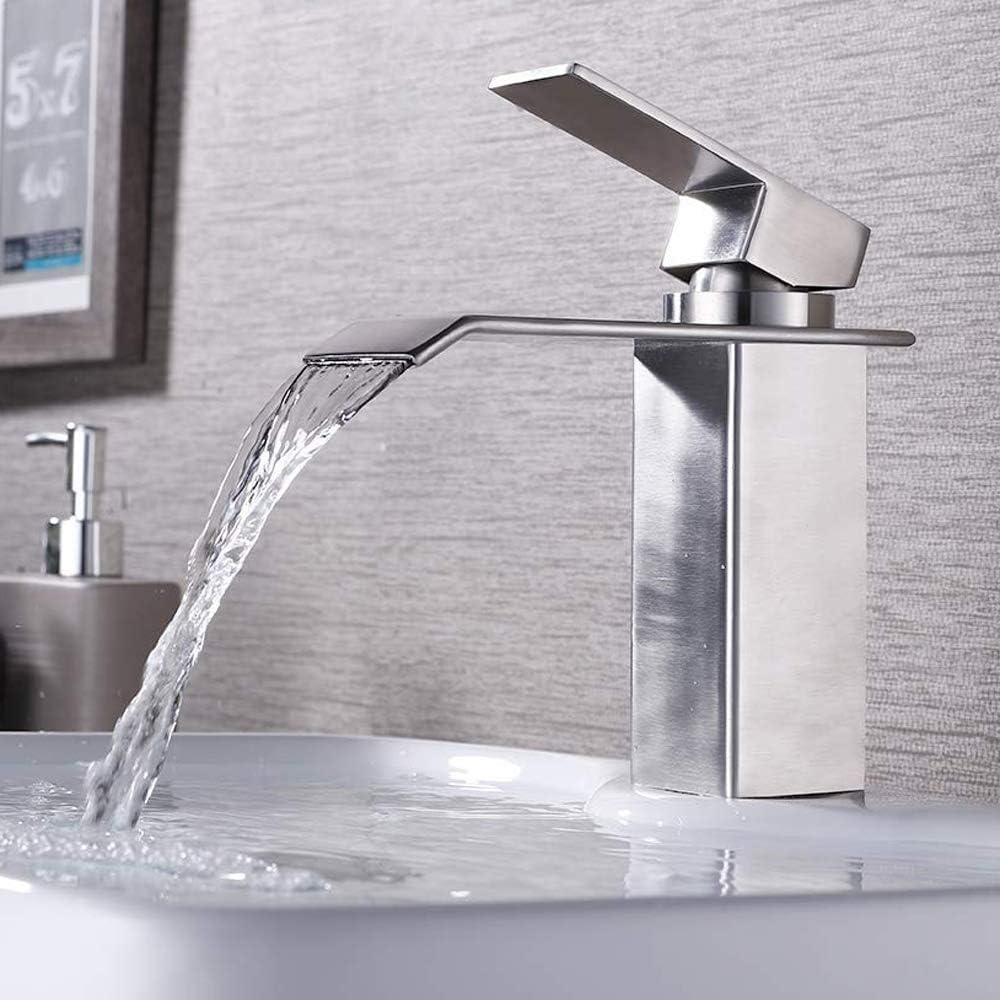 KES Waterfall Bathroom Vanity Sink Faucet Extra Large Rectangular Spout Lead Free SUS304 Stainless Steel Brushed Finish, L3186ALF-BS