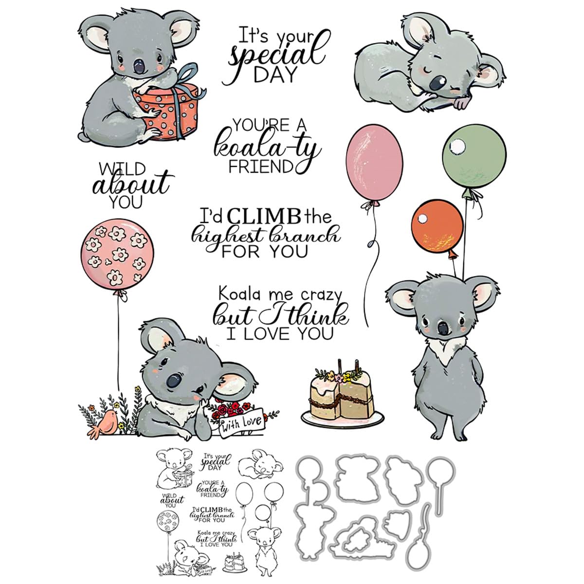 Koala Stamps and Die Cuts for Card Making Cake Gift Balloon Transparent Silicone Clear Stamp and Metal Cutting Dies Sets for DIY Scrapbooking Paper Crafting Seals Decorative Supplies — image 1