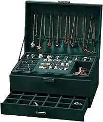 Porta Joias Grande com 3 Níveis, Organizador de Colares e Brincos, Verde Escuro com Gaveta e Chave