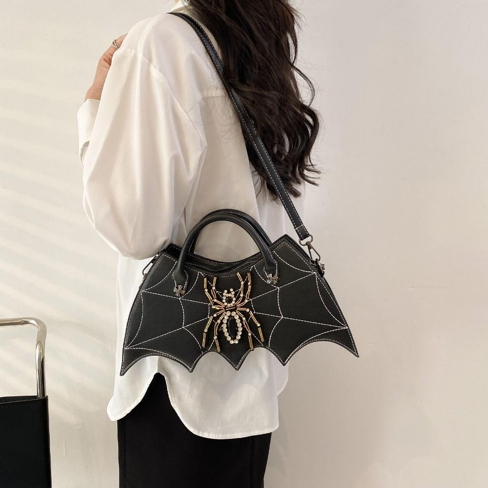Borsa a tracolla con ali di pipistrello, borsa a tracolla in pelle PU con ragnatela divertente gotica da donna