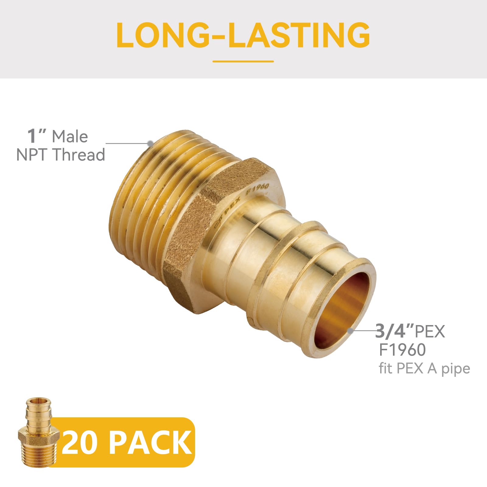Paquete de 20 Accesorios de expansión PEX-A, 3/4" PEX x 1" NPT Macho, Rosca Macho F1960 para tubería PEX A, Cobre (PEX1960132-20Pack)