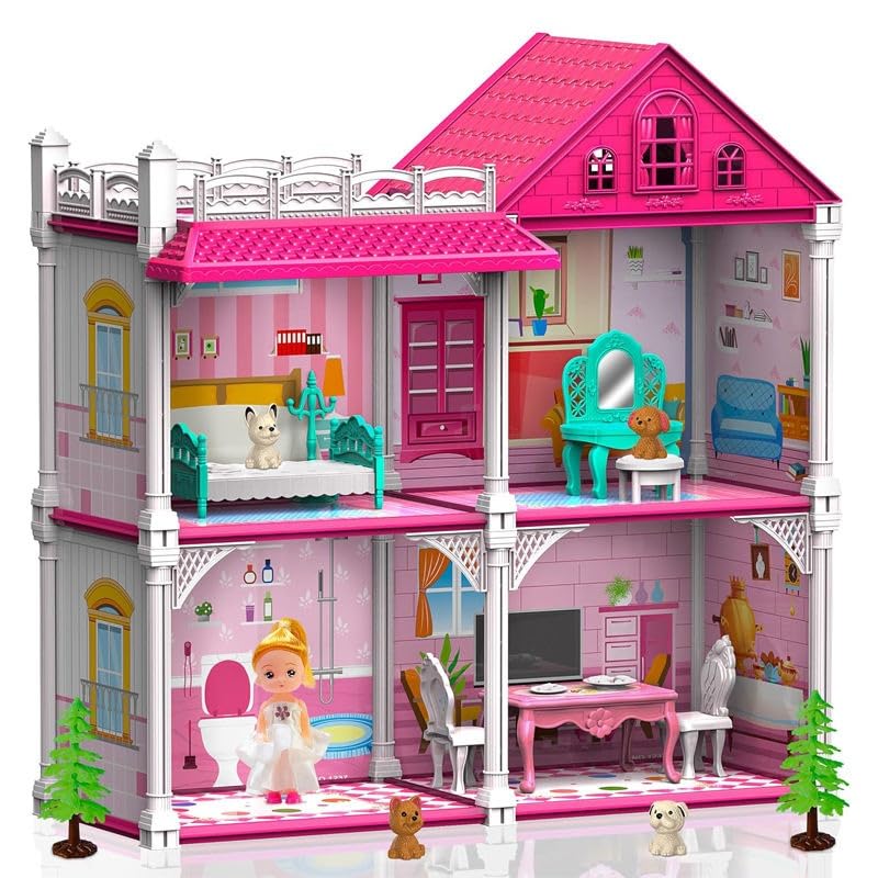 Image of Princess Doll House Building DIY Accessories, Furniture Pretend Play Gift Toys for 3 to 10 Year Old Girls Gify, Doll House Set for Girls, Doll House with 2-Story 4 Rooms, Kitchen & Furniture Set