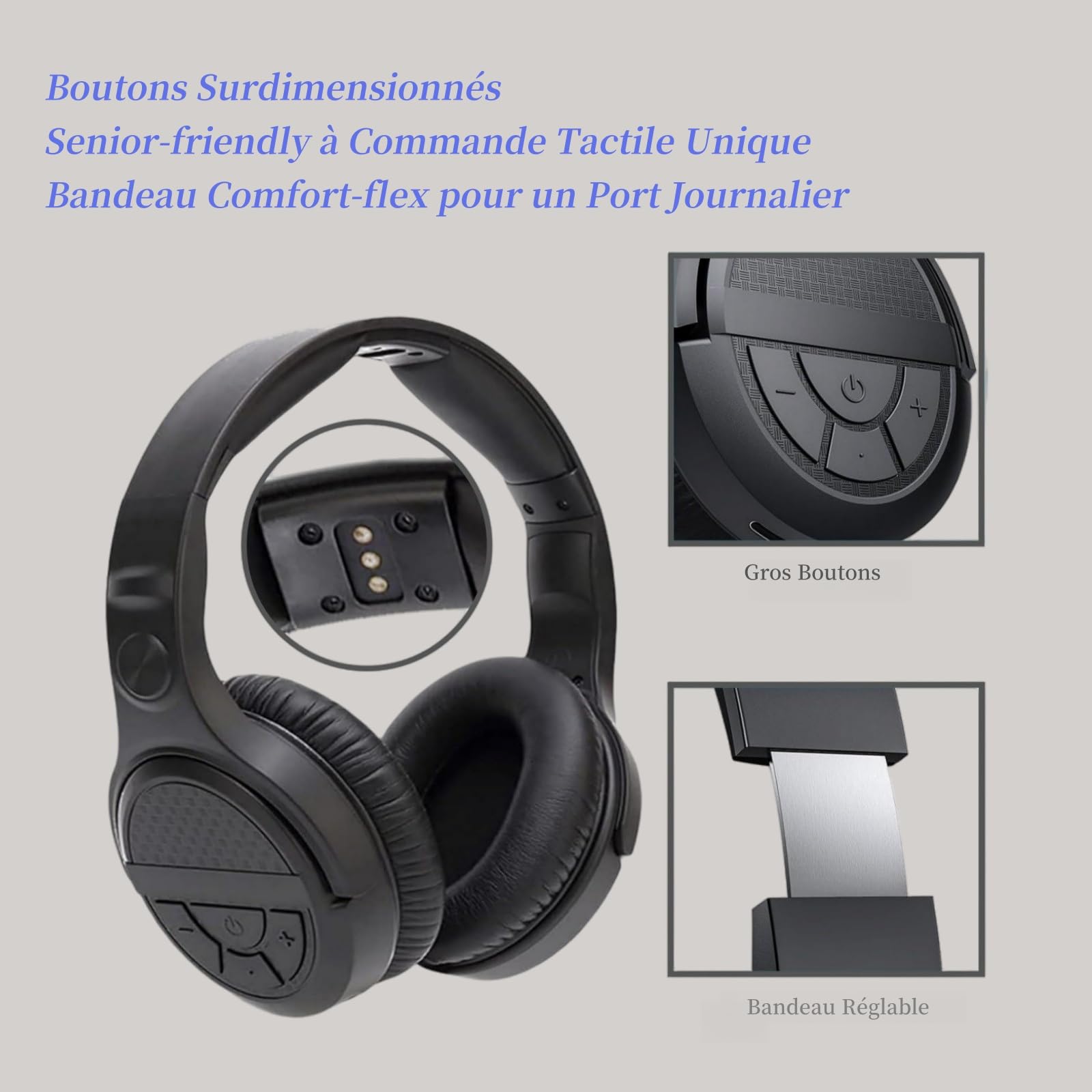 Casque TV Sans Fil pour Seniors avec Gros Boutons, 15H Autonomie & 0 Délai, Station de Charge par Émetteur 2.4GHz, Bluetooth Over-Ear, Pour la Majorité de TV, Compatible Optique(TOSLINK)/RCA/3.5mm