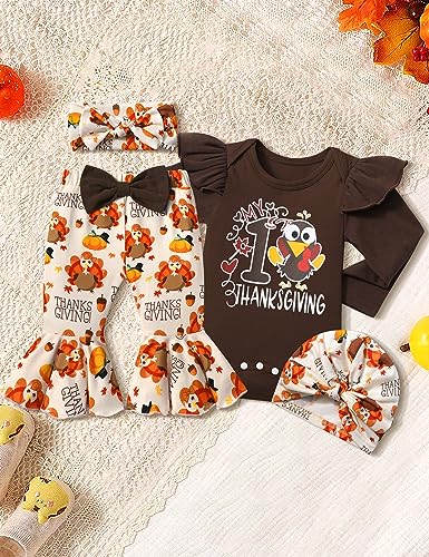 CRISONE Baby Girl Thanksgiving Outfit Long Sleeve Ruffle Romper + Turkey Pants + Headband + Hat 4pcs Clothes Set4