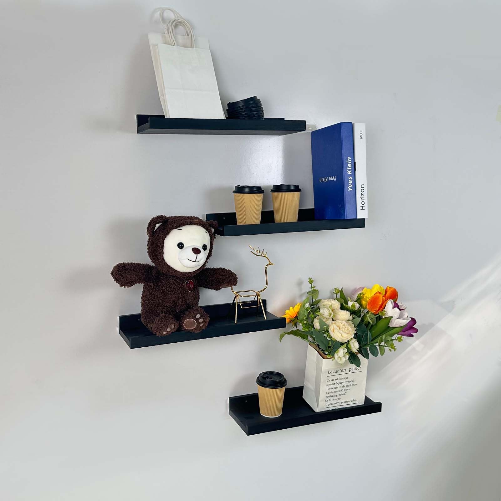 PNUOCDX Floating Shelves for Wall, Wall Shelves Set of 4, Suitable for Kitchen, Bedroom, Living Room, Bathroom and Office, Shelves Black