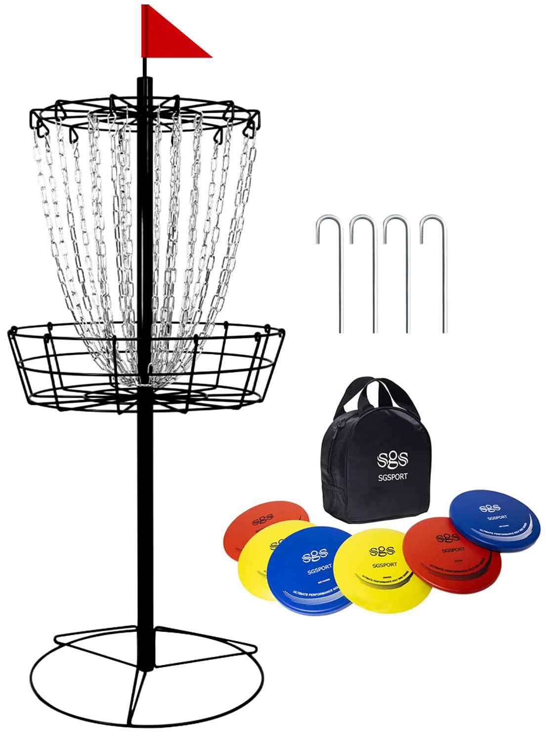 Disc Golf Basket - Portable Disc Golf Target with Heavy Duty 24-Chains Come with 6pcs Disc Golf Discs and Carry Bag, Ground Stake -Suitable for Players of All Levels - Multi Color Available