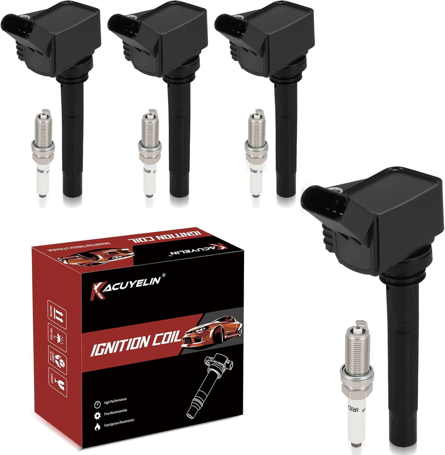 UF716 Ignition Coil Pack and Iridium-Platinum Spark Plugs Set of 4 Compatible with Audi A3 A4 A5 A6 Q5 Q7 S3 VW Beetle Golf Jetta 2014-2021 Replaces#UF797 UF793 UF771 UF765 UF752