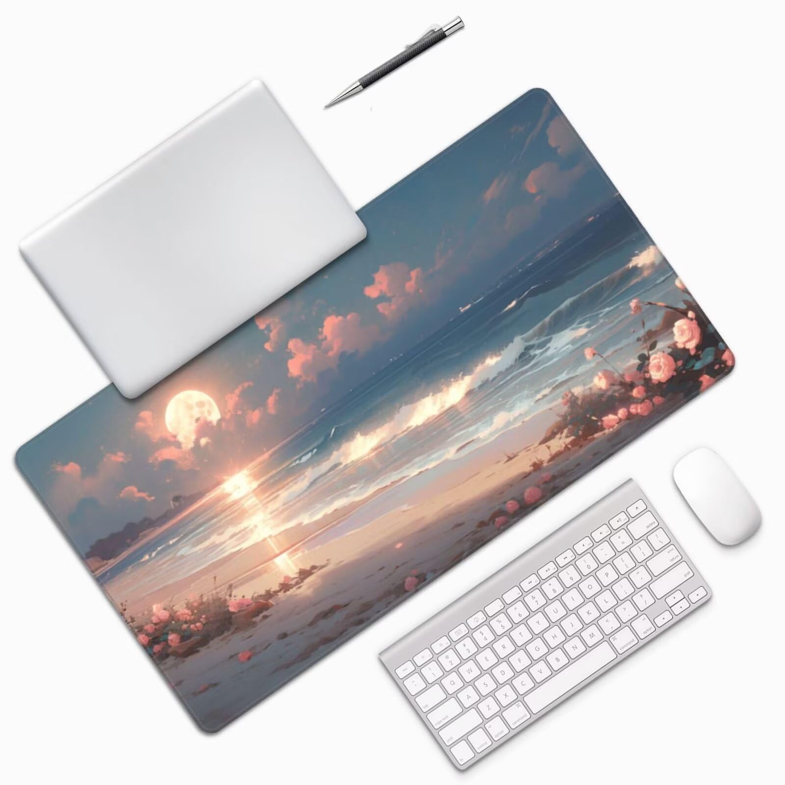 Gaming Mauspad XXL 1200x600x3mm Mousepad Verlängertes Groß Mauspad Schreibtischauflage,Genähte Kanten rutschfeste Gummibasis,Verbessert Präzision Geschwindigkeit Office Sonnenaufgang Blumen L-5632