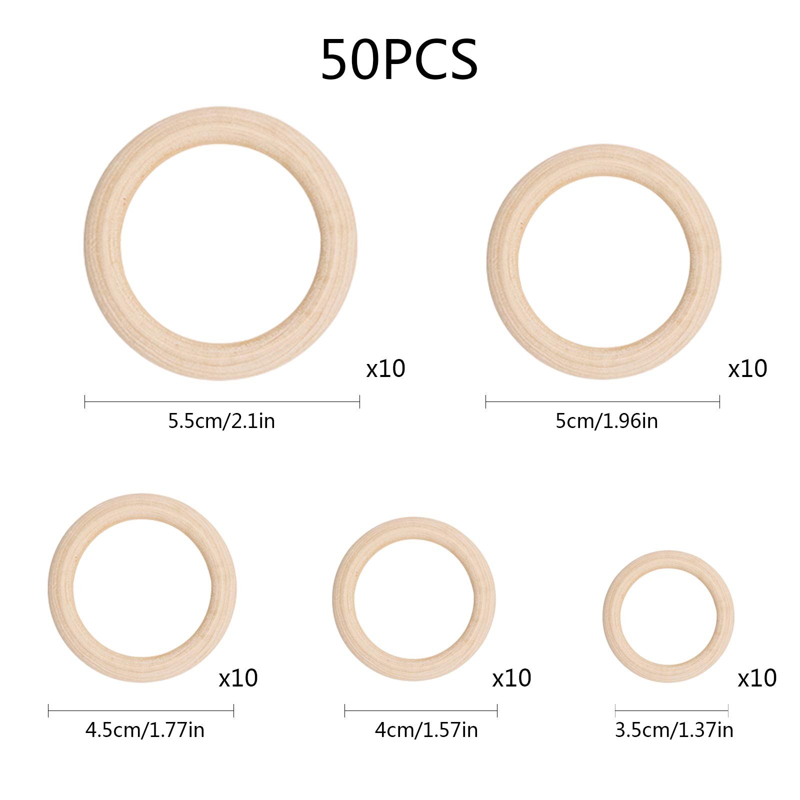 50 Anneaux En Bois Naturel 5 Cm - Ronds Pour Macramé, Artisanat, Décorations, Non Traités