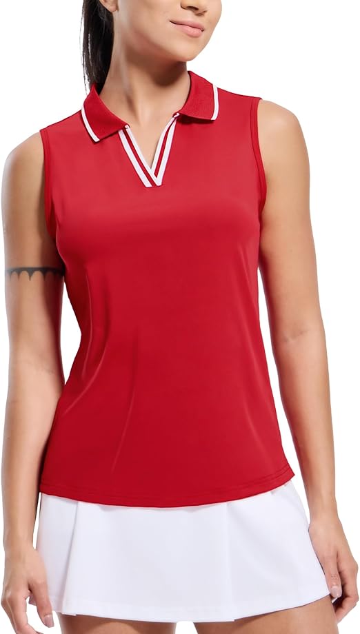 MIER Women's Sleeveless Golf Polo Shirts Dry Fit Collared Tank Tops V Neck Ribbed Athletic Tennis Shirt, Moisture Wicking