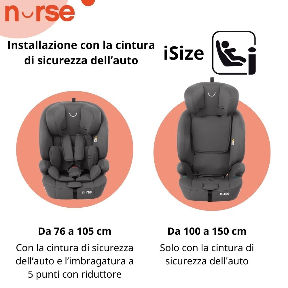 Nurse by Jané Grip Seggiolino Auto i-Size 76–150 cm, 2–12 Anni, Senza Isofix, Installazione con Cintura, 9 Posizioni, Gruppo 1 2 3, Grigio