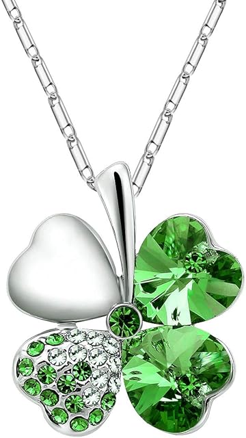 Merdia  Necklace with Four-Leaf Clover in Heart Shape with Swarovski Crystals, Chain of 40.64 cm with 12.7 cm Extender