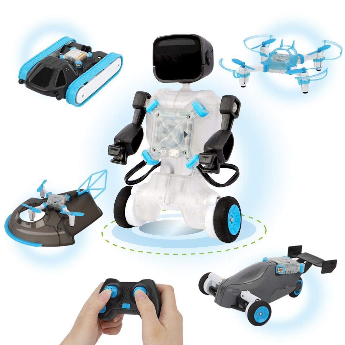 GILOBABY Kids Robot Toy, 5 in 1 DIY STEM Learning Playset with 2.4GHz Remote Control Drone, Tank and Hovercraft, Early Science Learning Educational Toys Set Birthday for Kids Children
