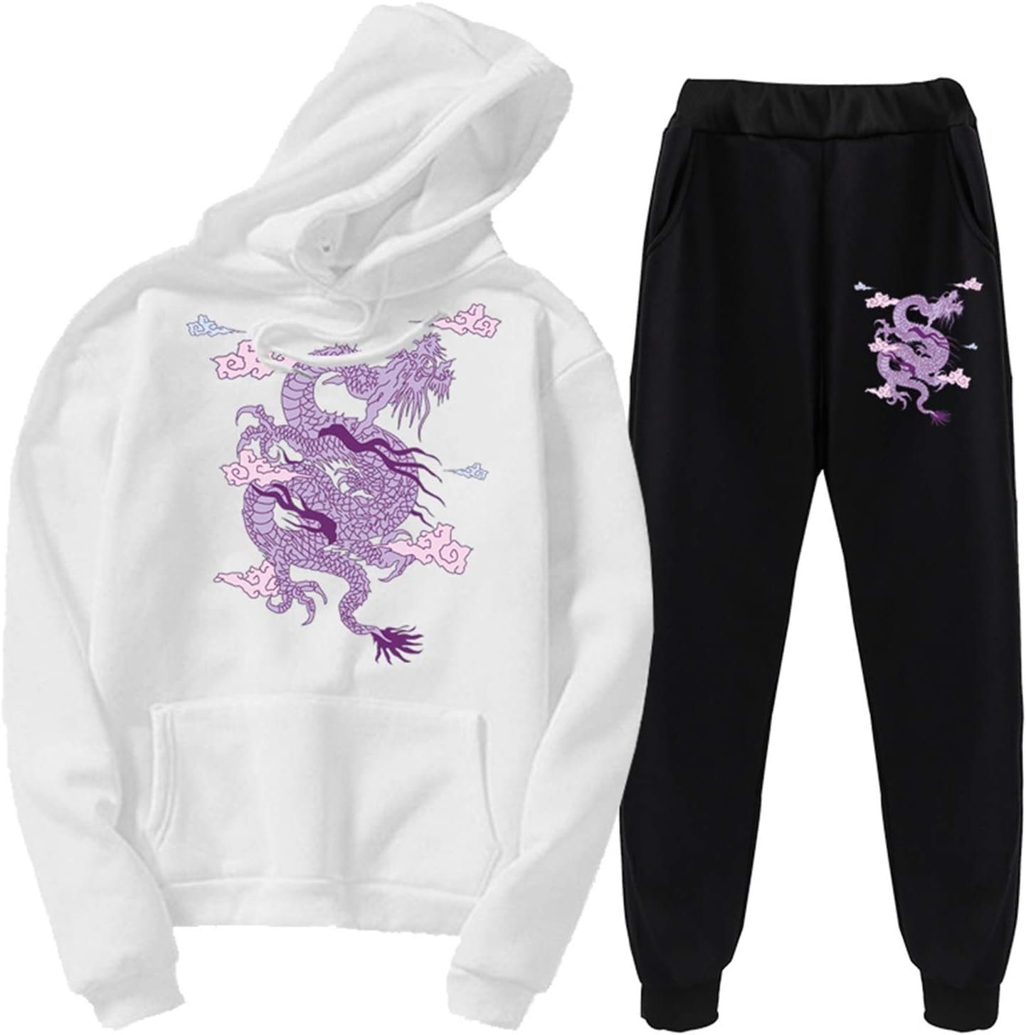 DSAoTeng Chinese Dragon Print Tracksuit Set Unisex Dragon Hoodies Sweatshirt & Jogger Pants Two Piece Set (XL,White 1)