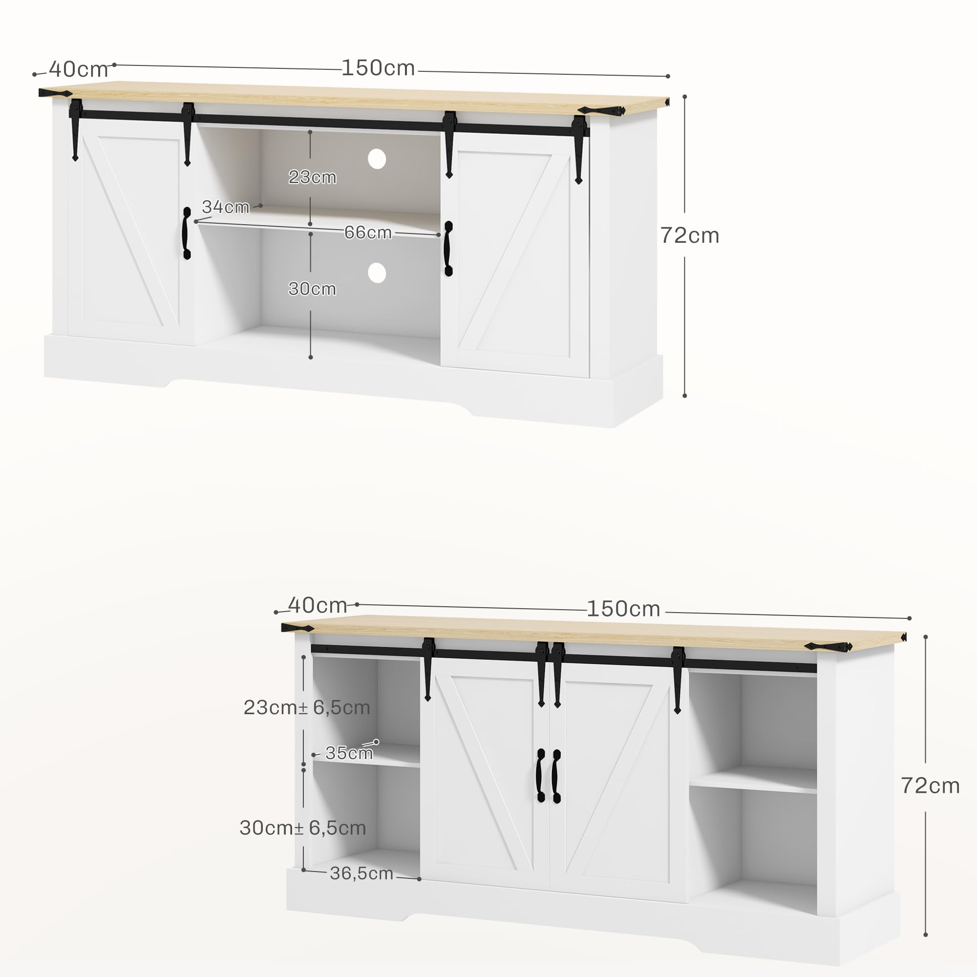 HOMCOM Credenza, mobile contenitore, con 2 ante scorrevoli, ripiani regolabili, per soggiorno, sala da pranzo, corridoio, 150L x 40D x 72H cm, legno, rovere bianco