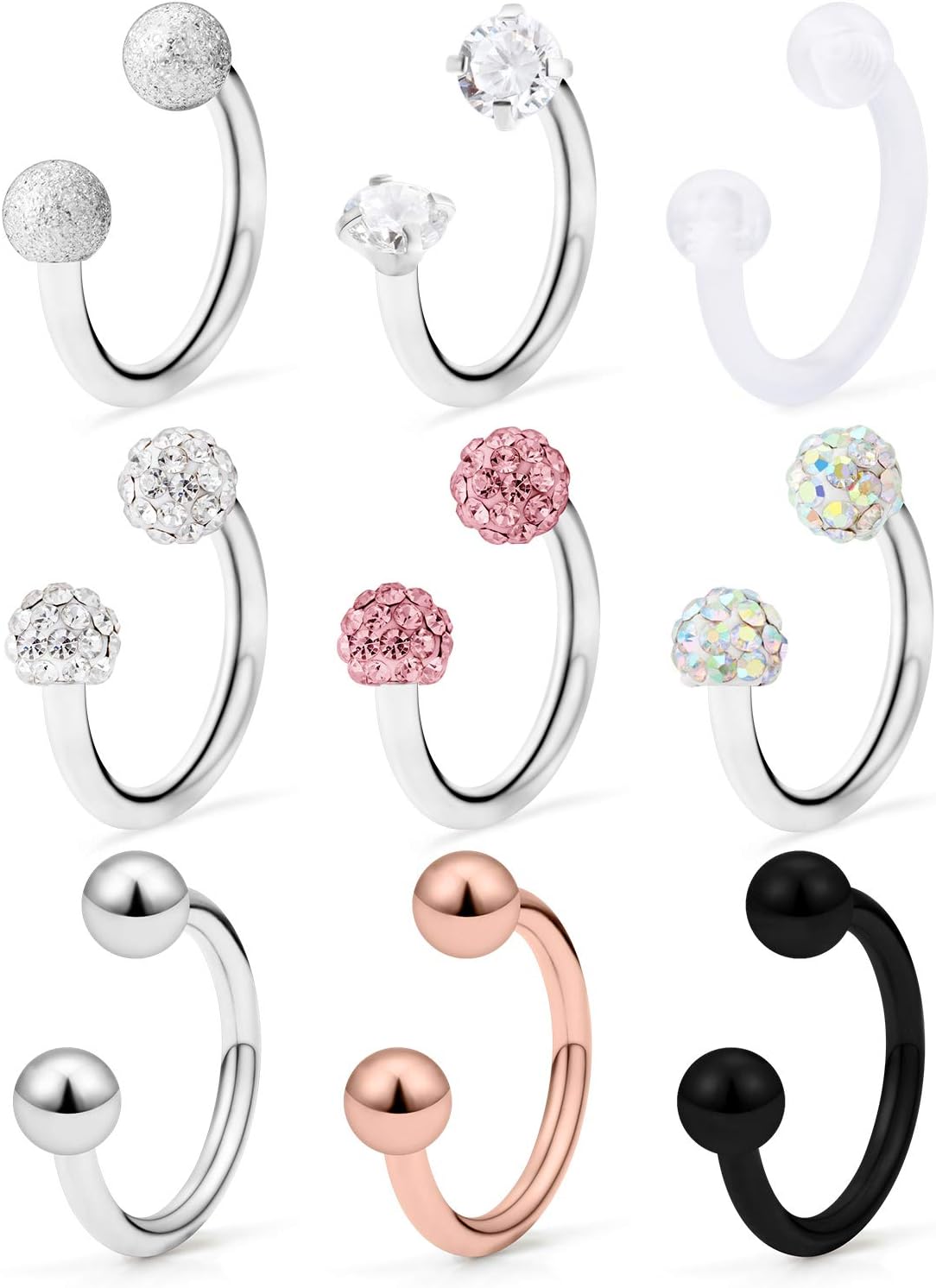 9-18PCS 16G Surgical Steel Lip Hoop Ring Crystal Cubic Horseshoe Barbell Tragus Cartilage Earring Helix Daith Septum Hoop Piercing Body Piercing Jewelry Retainer for Women Men 8-10mm