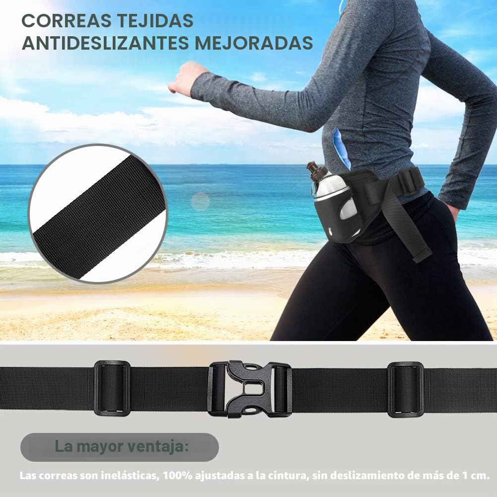 Riñonera Deportiva Hidratacion, Cinturón de Correr con 2 Botellas de Agua, Riñonera Reflectante Diseño de Multi-Capa Impermeable Cómodo y Transpirable para Maratón, Ciclismo, Escalada (Negro)
