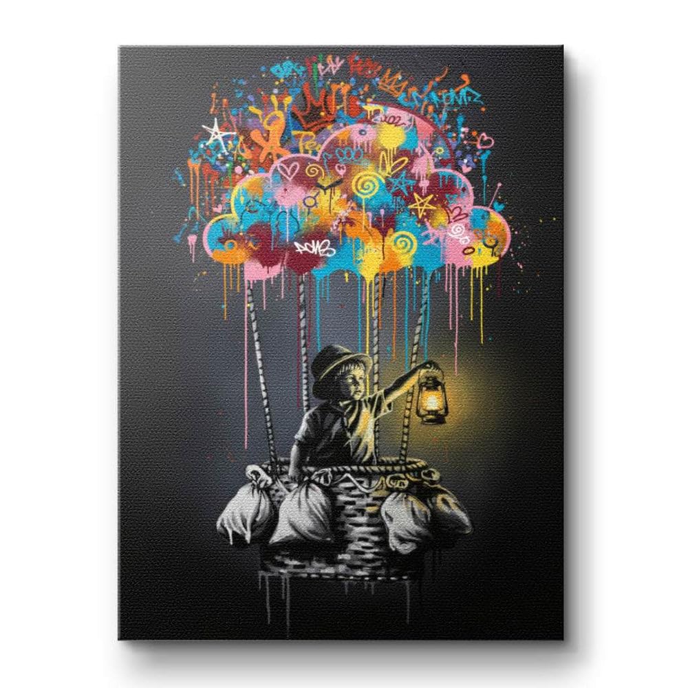 CANVEO Banksy Bilder Leinwand | Graffiti Poster Banksy Leinwand | Bild Wohnzimmer groß | Bild Schlafzimmer über Bett | Wandbilder modern mit Rahmen | xxl Bilder Flur Wanddeko