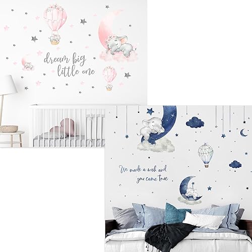 Yovkky Juego de 2 calcomanías de pared con diseño de elefante durmiente en acuarela, soñar con Big Little One, decoración de luna y estrella, nube,