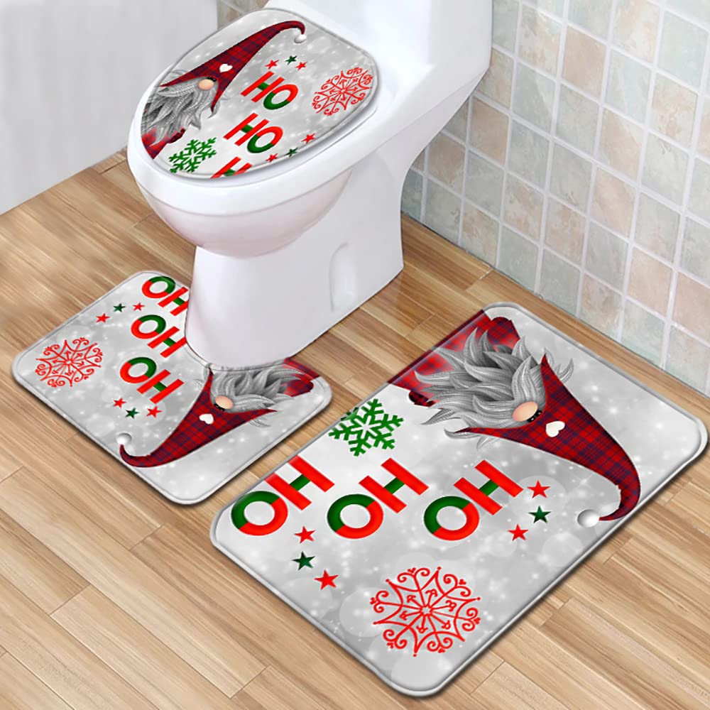Christmas Gnome 3 Piece Bath Rugs Sets Xmas Tree Snowflake Bathroom Mats Set for Christmas Decorations U-Shaped Contour Toilet Lid Cover