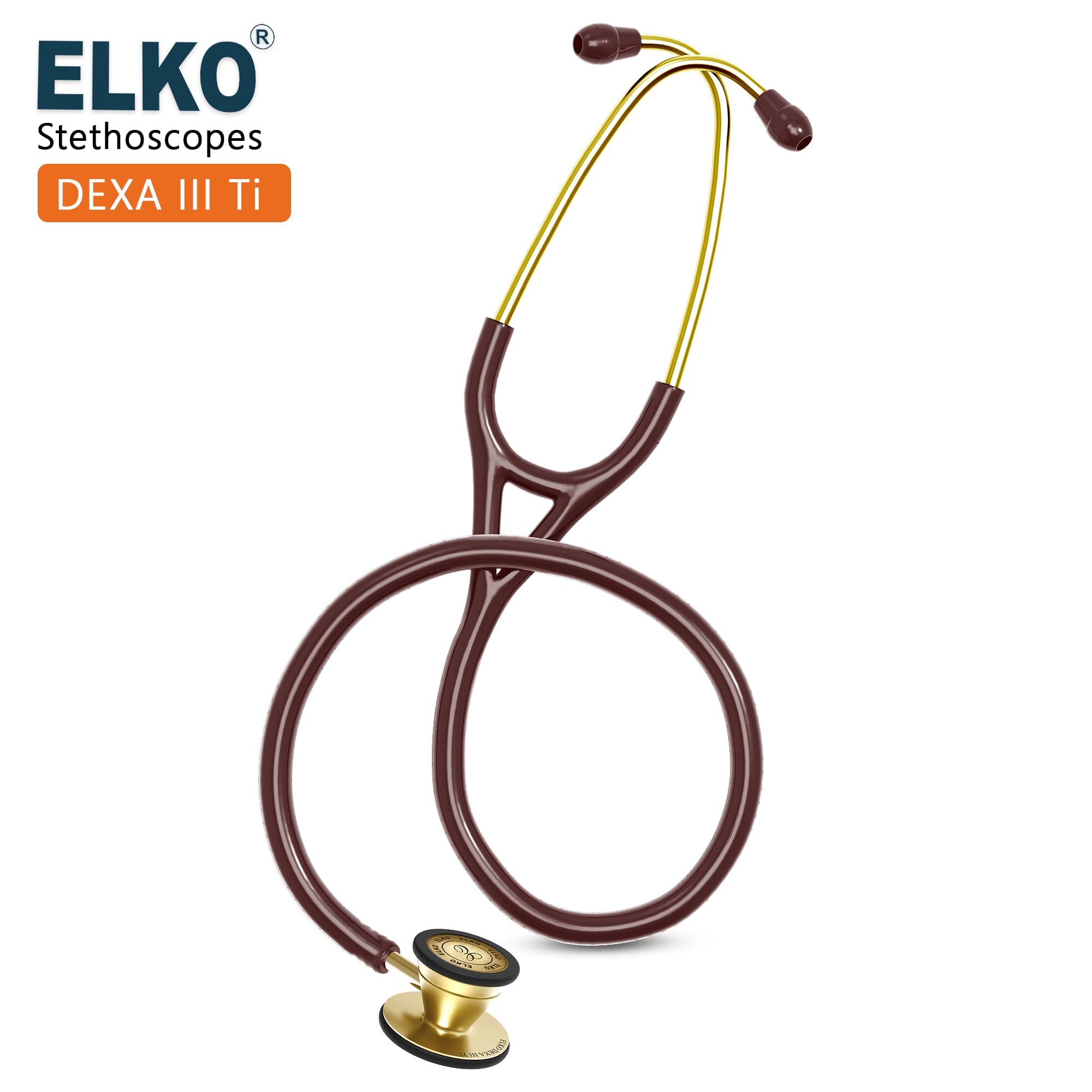 ELKO EL-250 DEXA III Ti Golden Edition Titanium dual head acoustic stethoscope | Adult & Pediatric Stethoscope with Double-sided Natural Titanium Chestpiece | Two-Way PVC Tubing | Doctors & Medical Students (Brown) - Image 8 thumbnail