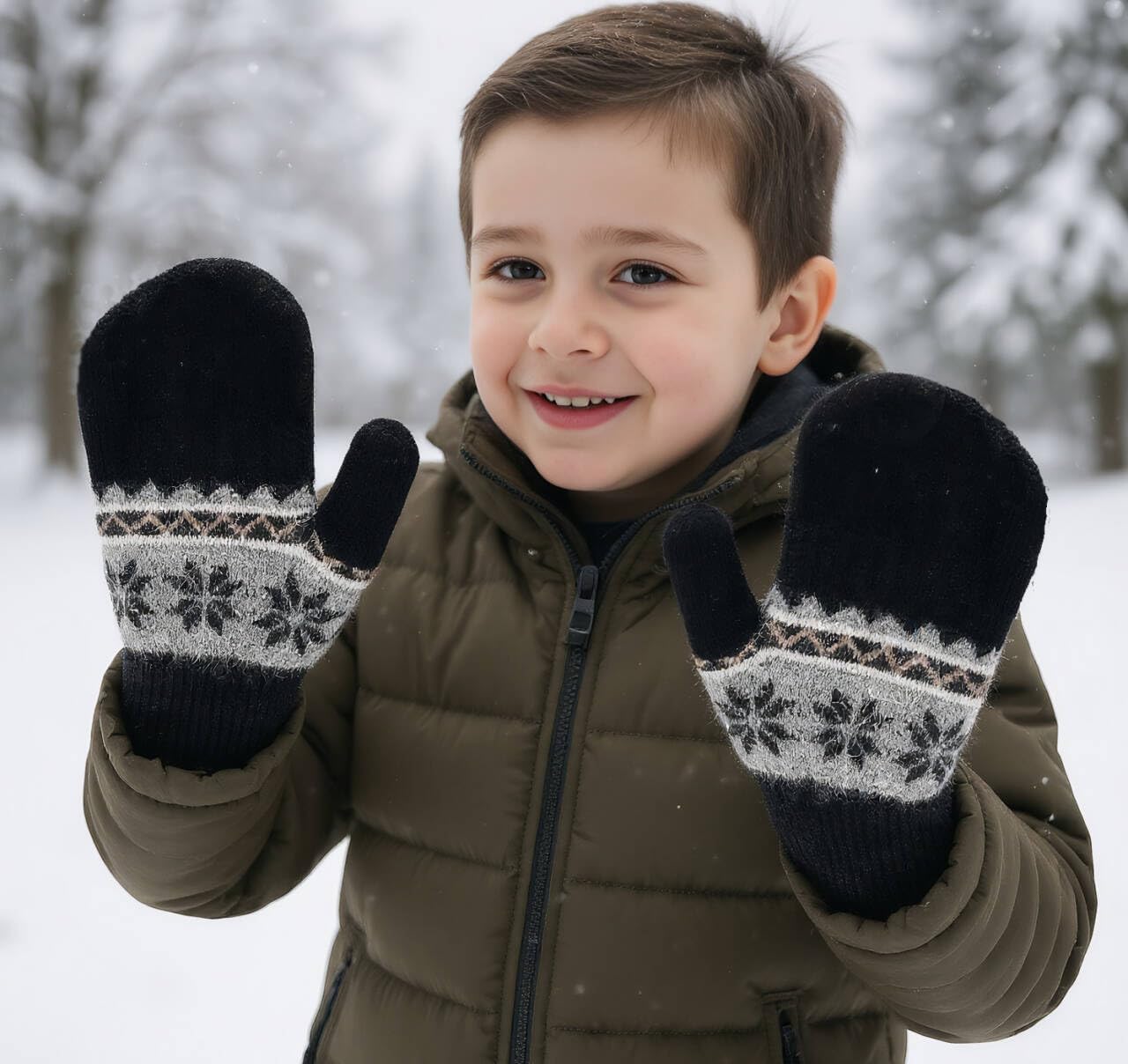 Kids-Winter-Knit-Mittens Boys-Girls Outdoor-Warm-Soft Snowflakes-Gloves Stretchy for 5-10Years Kids - Image 7