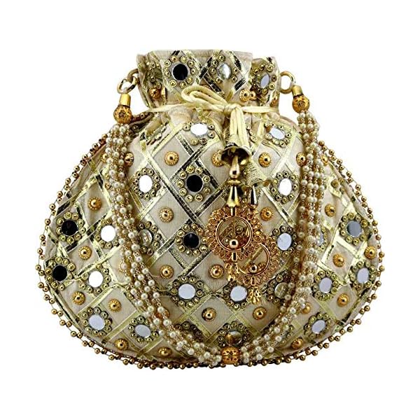 Zoya Gems & Jewellery Gold Potli Wristlets Ethnic Potli For Women's | Designer Rajasthani Style Royal Clutch Silk Batwa | Zari Work Potli | Bridal Potli | Potli Bags