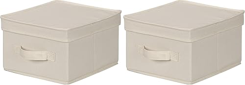 Household Essentials 111 - Caja de almacenamiento con tapa y asa, lona beige natural, tamaño mediano, ribete natural (paquete de 2)