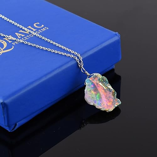Miniatura 10 de Natural Ultra Fire Raw Ethiopian Opal Rough Handmade Dainty Pendant Necklace For Women, Healing Chakra Crystals, Birthstone Jewelry, Rhodium Plated