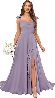 Spaghetti Straps Bridesmaid Dresses Long Ruffle Chiffon Formal Evening Gowns with Slit - Buy now