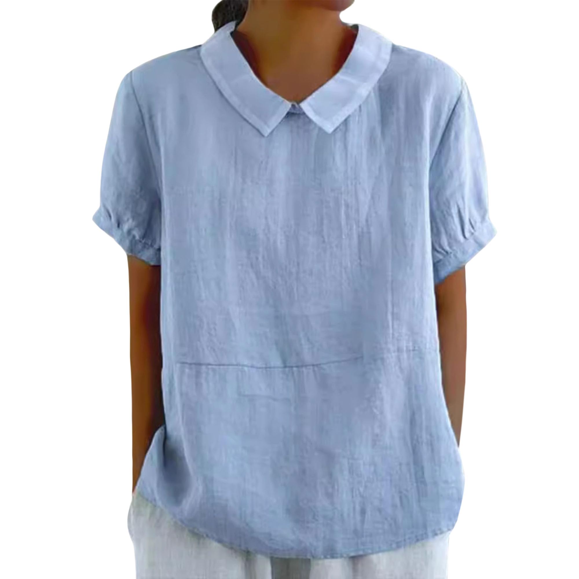 Women Summer Tops 2025 Cotton Linen Shirts Cute Summer Short Sleeve Shirts Casual Collared Blouse Tunic